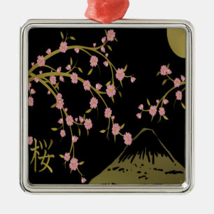 Ornamento De Metal Tela Japonesa Rosa Sakura Dourado Preto