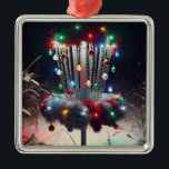 Ornamento De Metal Tenham um Disco Holly Jolly! Natal<br><div class="desc">Enfeites de natal temático de golfe de disco. Cesto de golfe de disco decorado em luzes de Natal bonito e iluminadas,  cobertas de neve e terra oca num dia de inverno.</div>