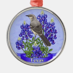 Ornamento De Metal Texas State Mockingbird & Bluebonnet Flower