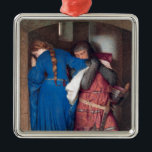 Ornamento De Metal The Meeting on Turret Stairs (por F.W. Burton)<br><div class="desc">Esta design apresenta uma pintura do pintor vitoriano irlandês Sir Frederic William Burton (1816-1900), que se tornou o terceiro diretor da National Gallery em Londres, Inglaterra. A pintura é inspirada por uma velha balada dinamarquesa, que conta a trágica história de Hellelil, uma jovem nobre, e Hildebrand, seu guarda-costas e amante...</div>