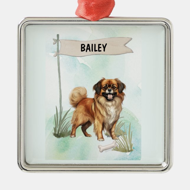 Ornamento De Metal Tibetan Spaniel Watercolor Personalized Dog (Frente)