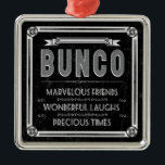 Ornamento De Metal Tipografia do vintage de Bunco<br><div class="desc">A arte gráfica do divertimento e da tipografia festiva do vintage de Bunco projeta. Bunco inspirou características do trabalho de arte uma beira do estilo do vintage, fita, enfeites do ornamento, e as palavras: Bunco, amigos maravilhosos, risos maravilhosos e épocas preciosas. Os artigos de Bunco são perfeitos para a noite...</div>