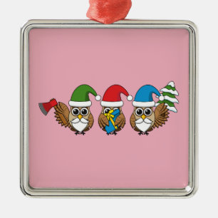 Ornamento De Metal Três Corujas Engraçadas de Gnomo de Natal