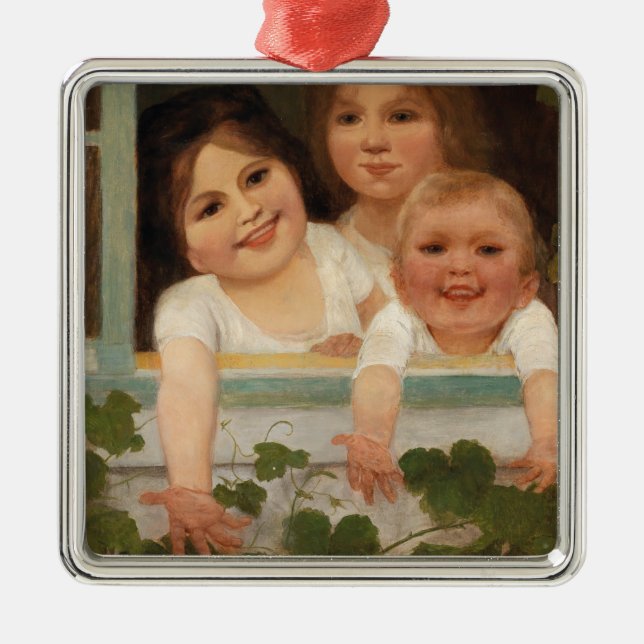 Ornamento De Metal Três crianças na janela (Frente)