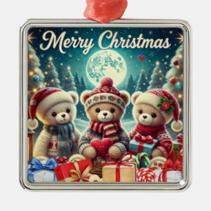 Ornamento De Metal Três Ursos de Teddy Bonitos Feliz Natal