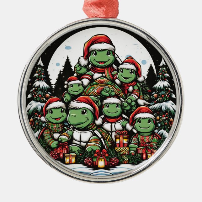 Ornamento De Metal Turtle está feliz com presentes de Natal (Frente)