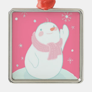 Ornamento De Metal Um boneco de neve que alcança para um floco de