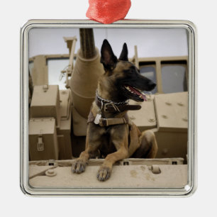 Ornamento De Metal Um cão de trabalho militar senta-se num M2A3