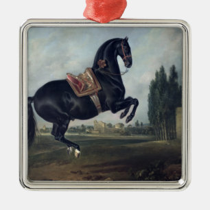 Ornamento De Metal Um cavalo preto que executa o Courbette