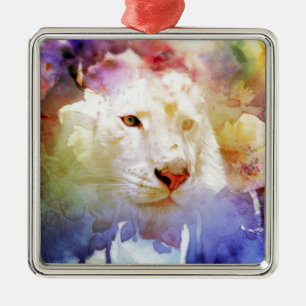 Ornamento De Metal Um gato grande em um campo floral do Grunge