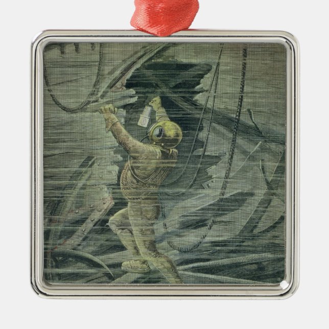 Ornamento De Metal Um mergulhador do mar profundo que olha as (Frente)