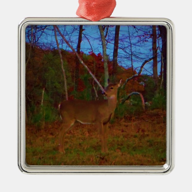 Ornamento De Metal Um Veado: Dourado Verde Vermelho e Azul (Frente)