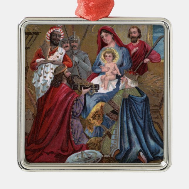 Ornamento De Metal Uma cena alegre de ChristmasNativity (Frente)