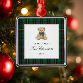 Ornamento De Metal Urso de pelúcia xadrez verde primeiro Natal 