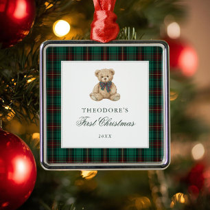 Ornamento De Metal Urso de pelúcia xadrez verde primeiro Natal