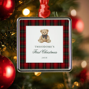 Ornamento De Metal Urso de pelúcia xadrez vermelho primeiro Natal
