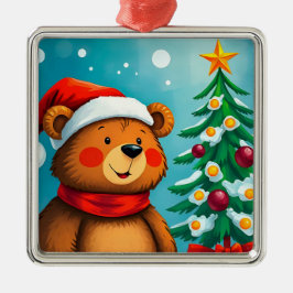 Ornamento De Metal Urso Fofo de Chapéu de Papai Noel ao lado do Natal