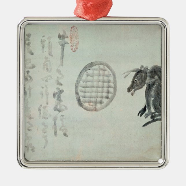 Ornamento De Metal Vaca, janela oval e haicais (Frente)