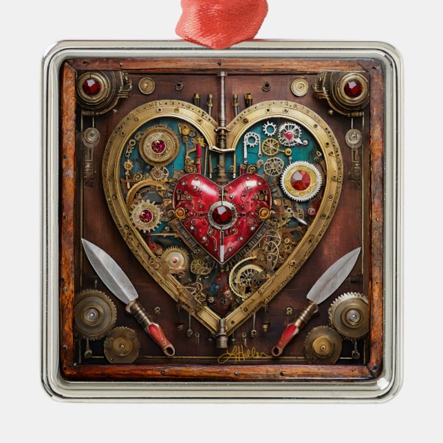 Ornamento De Metal Valentine Guerreiro Steampunk Rubis e Adagas (Frente)