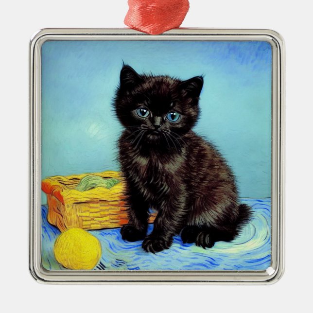 Ornamento De Metal Van Gogh Black Kitten com Yarn (Frente)