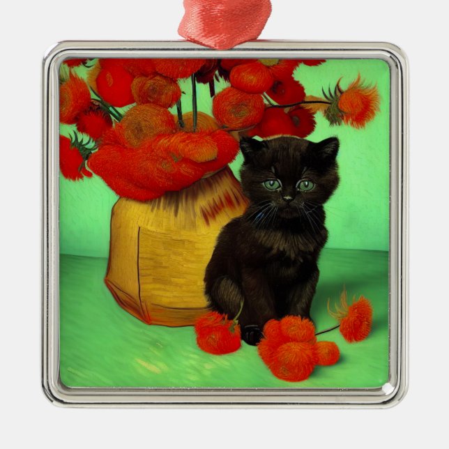 Ornamento De Metal Van Gogh Black Kitten Red Flowers (Frente)