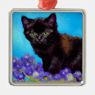 Ornamento De Metal Van Gogh Cat e Flores