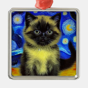 Ornamento De Metal Van Gogh Starry Night Siamese Cat