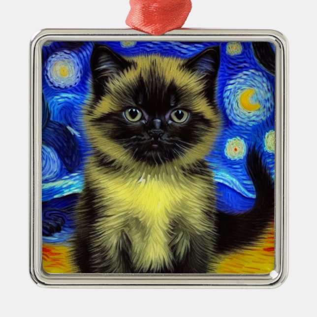 Ornamento De Metal Van Gogh Starry Night Siamese Cat (Frente)