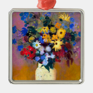 Ornamento De Metal Vaso Branco com Flores Odilon Redon