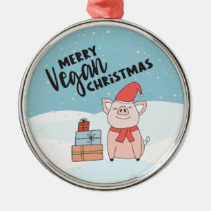 Ornamento De Metal Vegan Christmas com leitão de desenho animado e p