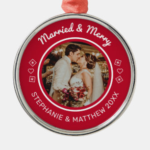 Ornamento De Metal Vermelho Moderno de Casamento e Feliz