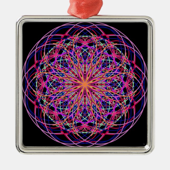 Ornamento De Metal Vermelho rosa Negro Caleidoscópio Mandala Art (Frente)