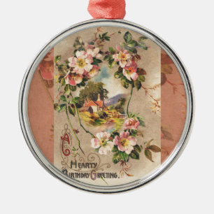 Ornamento De Metal Vintage Birthday Card Saudações Floral Paisagem
