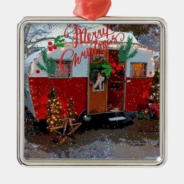 Ornamento De Metal Vintage Camper Natal (Frente)