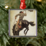 Ornamento De Metal Vintage Cowboy, Bronco Buster Study pelo NC Wyeth<br><div class="desc">Ilustração Vintage pintura de arte no Oeste Americano apresentando um vaqueiro pioneiro cavalgando um cavalo de bronco selvagem num rodeio. Estudo de Bronco Buster pelo NC Wyeth. 1902.</div>