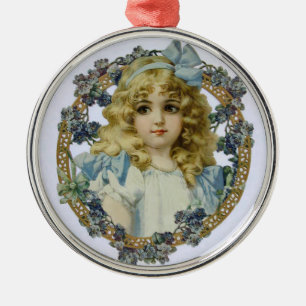 Ornamento De Metal Vintage Girl with Beautiful Flowers and Bow