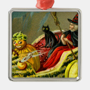 Ornamento De Metal Vintage Halloween Black Cat and Witness