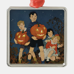 Ornamento De Metal Vintage Halloween, Crianças Segurando Pumpkins