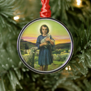 Ornamento De Metal Vintage Jesus Cristo o Pastor com o Baby Lamb