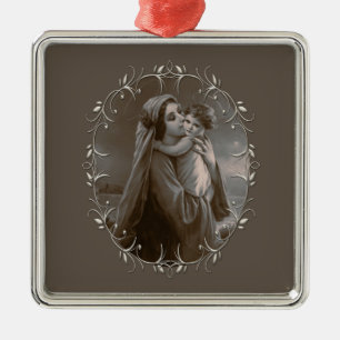 Ornamento De Metal Vintage Madonna e Child com Silver Frame
