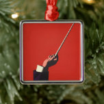 Ornamento De Metal Vintage Music, Mão do Condutor Segurando um Baton<br><div class="desc">Design de ilustração de Vintage com o braço de um maestro e mão segurando um bastão pronto para começar a direcionar uma apresentação musical clássica. Num fundo vermelho.</div>