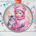 Ornamento De Metal Vintage Pink Little Girl Christmas<br><div class="desc">Bonito menina vintage segurando um gatinho de cinza vestindo orelhas de gato que retro Enfeites de natal víbora nostálgico para aqueles que gostam de um Natal antiquado.</div>