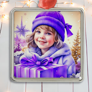 Ornamento De Metal Vintage Purple Little Girl Christmas personalizado
