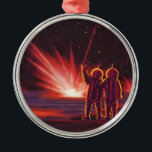 Ornamento De Metal Vintage Science Fiction Alienígena Red Planet Expl<br><div class="desc">Imagem de Vintage,  ilustração futurista Science Fiction com astronautas alienígenas amigáveis acenando. Eles estão em um planeta ou lua vermelho com bolas de fogo explosivas que se parecem com fogos de artifício. Um clássico design de quadrinhos retrô 50 de ficção científica.</div>
