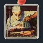 Ornamento De Metal Vintage Science Fiction, Laboratory Mad Scientist<br><div class="desc">Vintage ilustra imagem futurista do laboratório de Ficção Científica com um cientista louco experimentando um ser humano em miniatura. O cientista maluco está misturando uma poção de elixir para despertar o robô macho adormecido em seu laboratório. Um clássico design de quadrinhos retrô de ficção científica.</div>