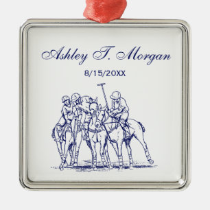 Ornamento De Metal Vintage Stylized Polo Match Drawing #1 Blue