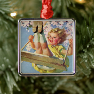 Ornamento De Metal Vintage Swing, Rapariga Balançando em Árvore Child