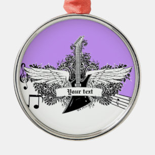 Ornamento De Metal Violão elétrico preto branco roxo com asas
