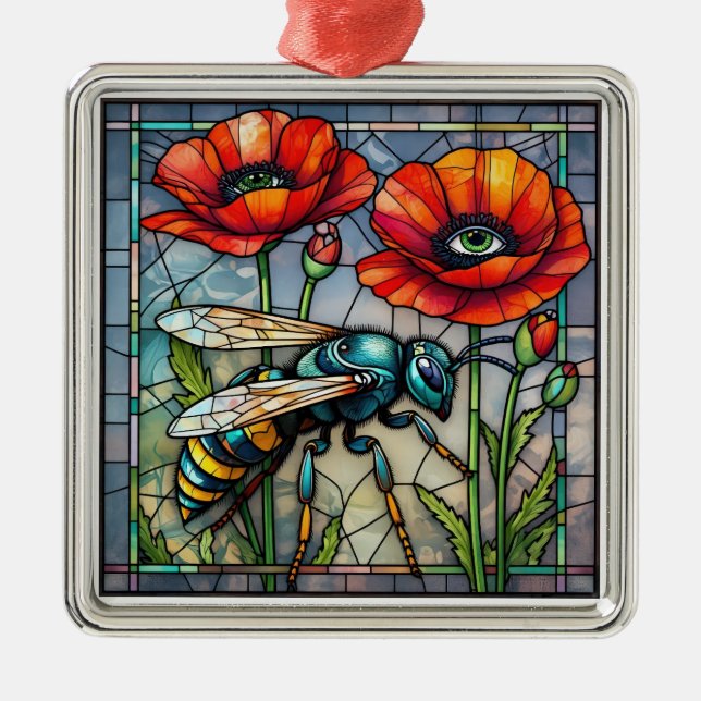 Ornamento De Metal Wasp hornet bee stained glass vibrant poppy flower (Frente)