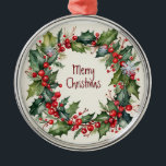 Ornamento De Metal Watercolor Holly Berry Greenery Natal<br><div class="desc">Watercolor Holly Berry Greenery Natal</div>